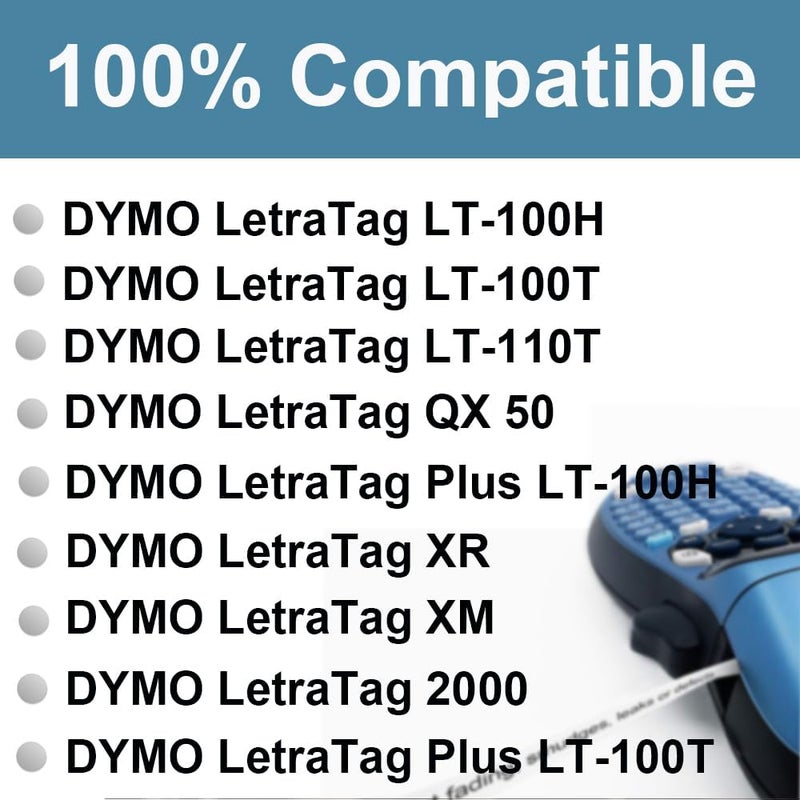 FlyLong 6-Pack 91331 White Plastic Label Tapes Replace for DYMO LetraTag Label Maker Refills for Letra Tag Plus LT100H LT100T, 1/2" x 13'(12mm x 4m), Black on White - Image 3